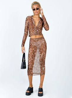  front view of model wearing Princess Polly Anything For Love Midi Skirt Leopard 