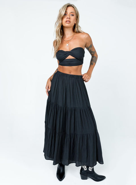 Black matching set Crop top Removable shoulder straps  Inner silicone strip at bust  Twisted bust  Cut out detail  Shirred back  Zip fastening  High waisted midi skirt  Elasticated waistband  Layered design 