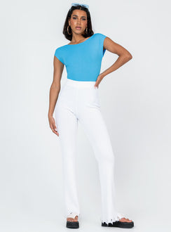 front view of model wearing Princess Polly Shila Bodysuit Blue Short Sleeves Boat Neck 