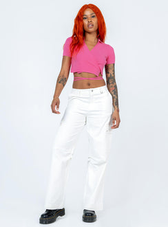 Front view of model wearing  front Princess Polly Full Sleeves Square Neck  Reynolds Top Pink