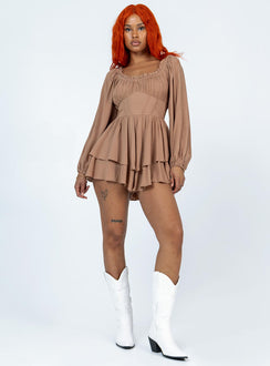 Romper Elasticated neckline  Boning through waist Shirred waistband at back  Layered skirt 