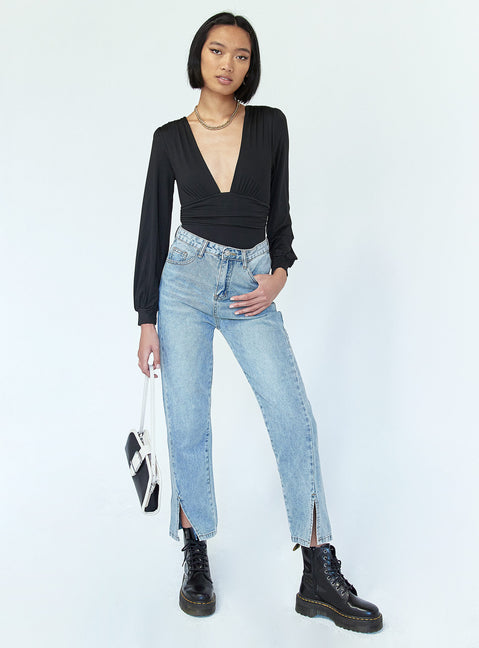 front view of model wearing Princess Polly Jude Long Sleeve Bodysuit Black Full Sleeves Plunger 