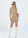 Front view of model wearing  front Princess Polly High Neck  Dear Jane Mini Dress Beige