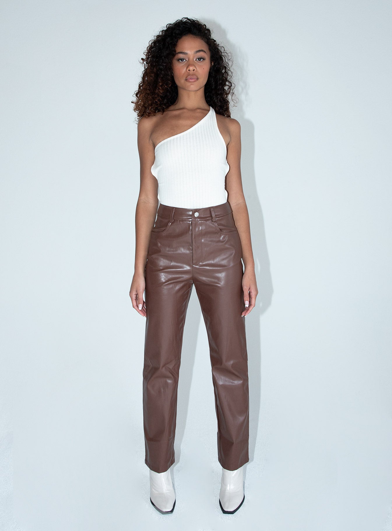 front view of model wearing Princess Polly Love Lies Pants Brown 