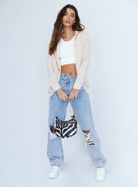 front view of model wearing Princess Polly Mahalia Shirt Beige 