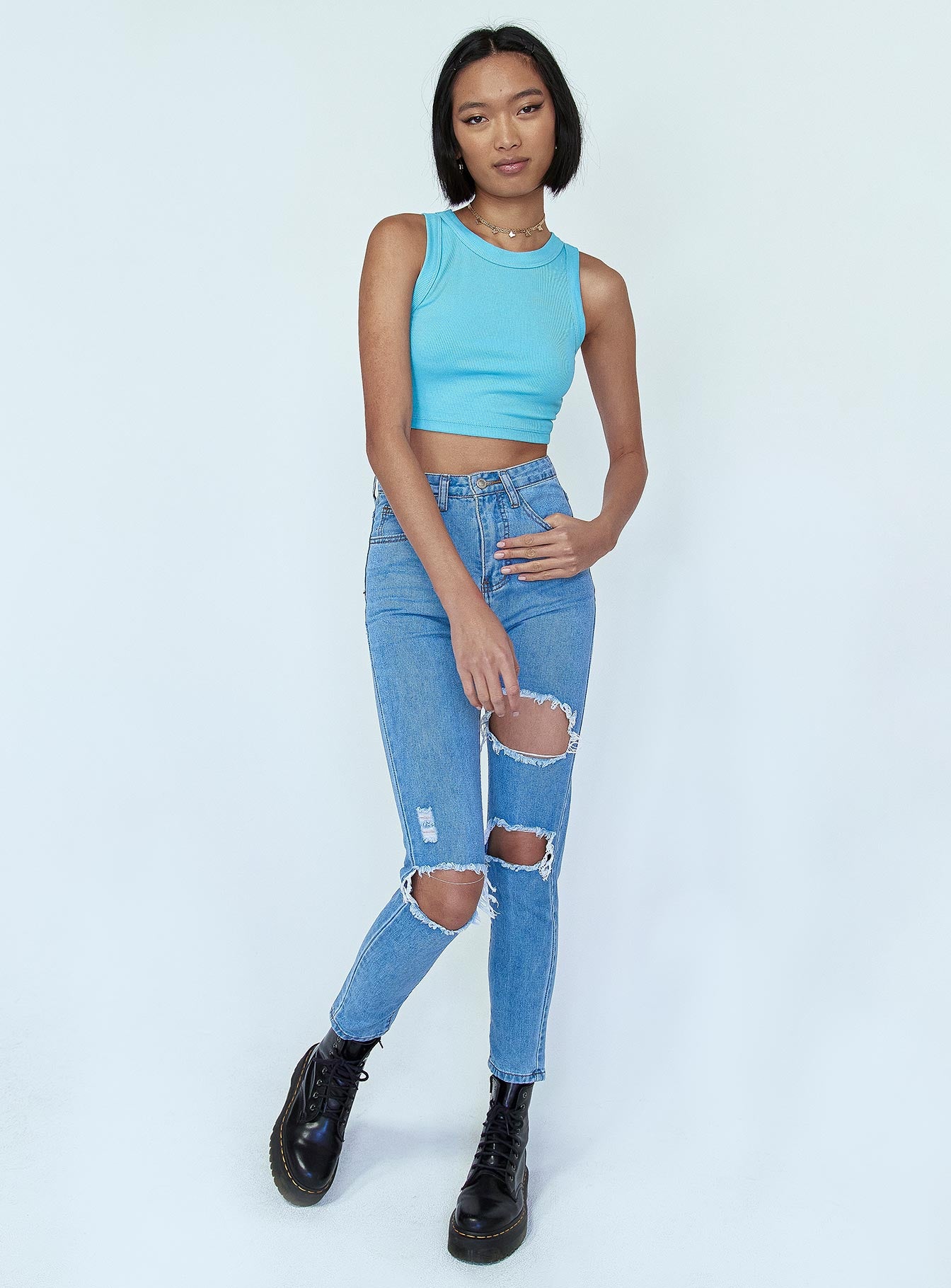 front view of model wearing Princess Polly Lilla Distressed Straight Leg Denim Jeans High Waisted 