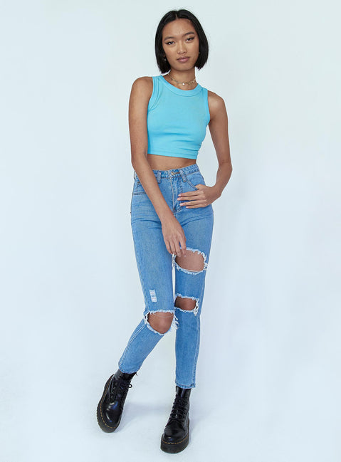 front view of model wearing Princess Polly Lilla Distressed Straight Leg Denim Jeans High Waisted 