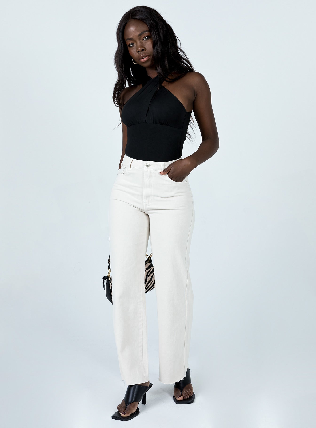 front view of model wearing Princess Polly Mamaia Straight Leg Denim Jeans Cream Low Rise Jeans 