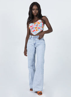 side view of model wearing Princess Polly Selby Top Blue Floral 