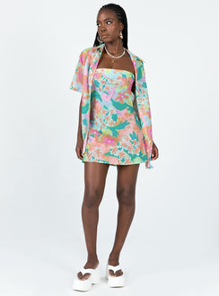 Matching set Floral print Short sleeve shirt Classic collar Button fastening at front Strapless mini dress Inner silicone strip Elasticated band at back Invisible zip fastening at side