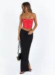 Red bustier Faux leather material Strapless design  Boning through front  Pointed hem  Zip fastening at back  Fully lined 