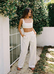 Matching set Linen material Crop top Fixed straps Invisible zip fasting at side High waisted pants Wide relaxed leg Belt loops at waist