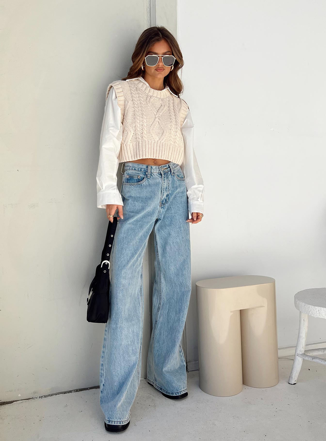 side view of model wearing Princess Polly Carey Sweater Vest Beige Cropped 