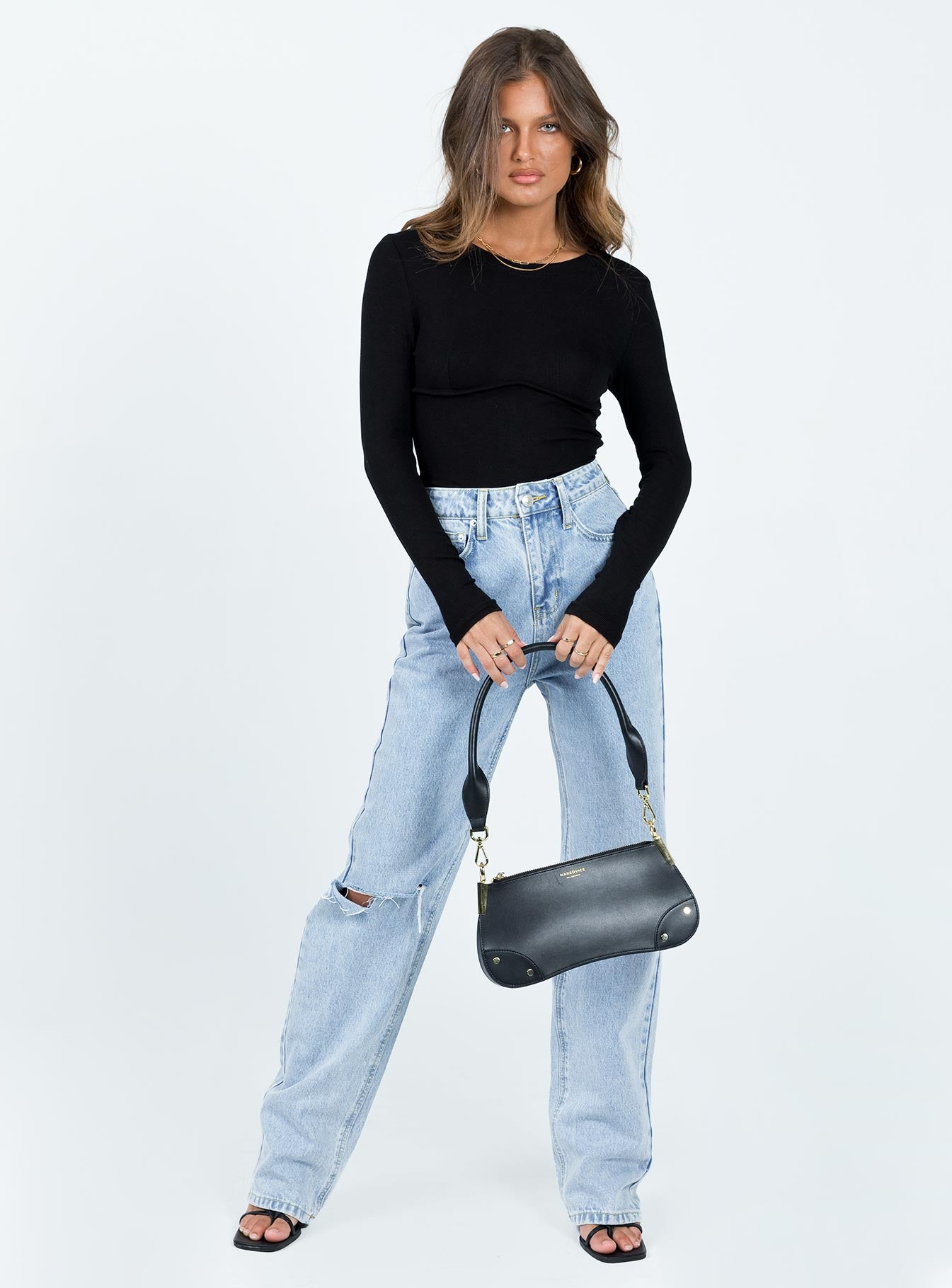 front view of model wearing Princess Polly Swenson Long Sleeve Bodysuit Black Full Sleeves Scoop Neck 