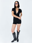 Black romper Ribbed material  Cap sleeves  Button front fastening 