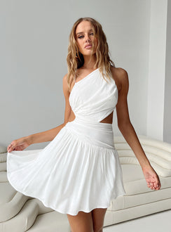Front view of model wearing  front Princess Polly Asymmetric Neckline  Chaser Mini Dress White