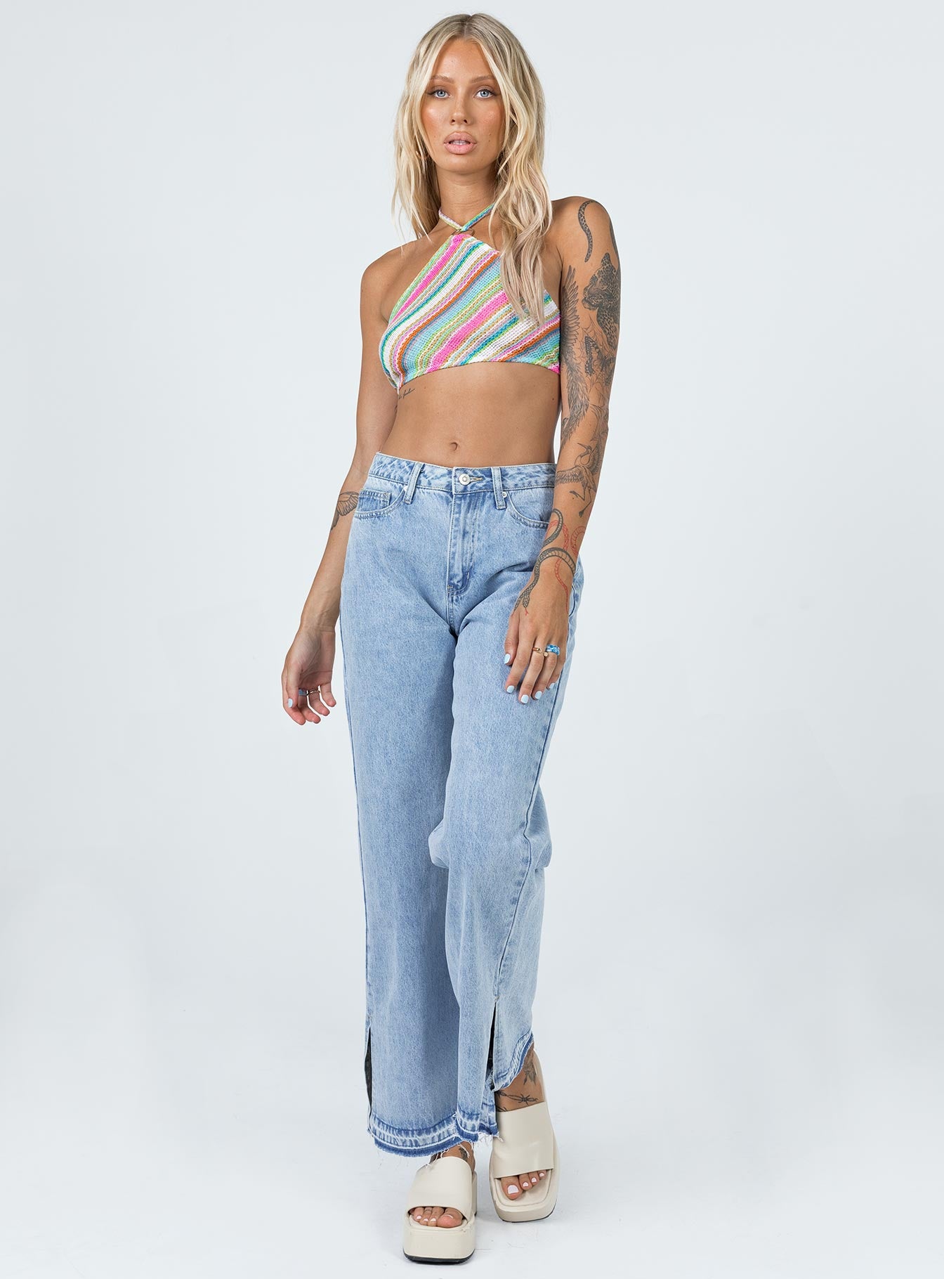 front view of model wearing Princess Polly Holmes Low Rise Frayed Hem Denim Jeans Mid Rise 