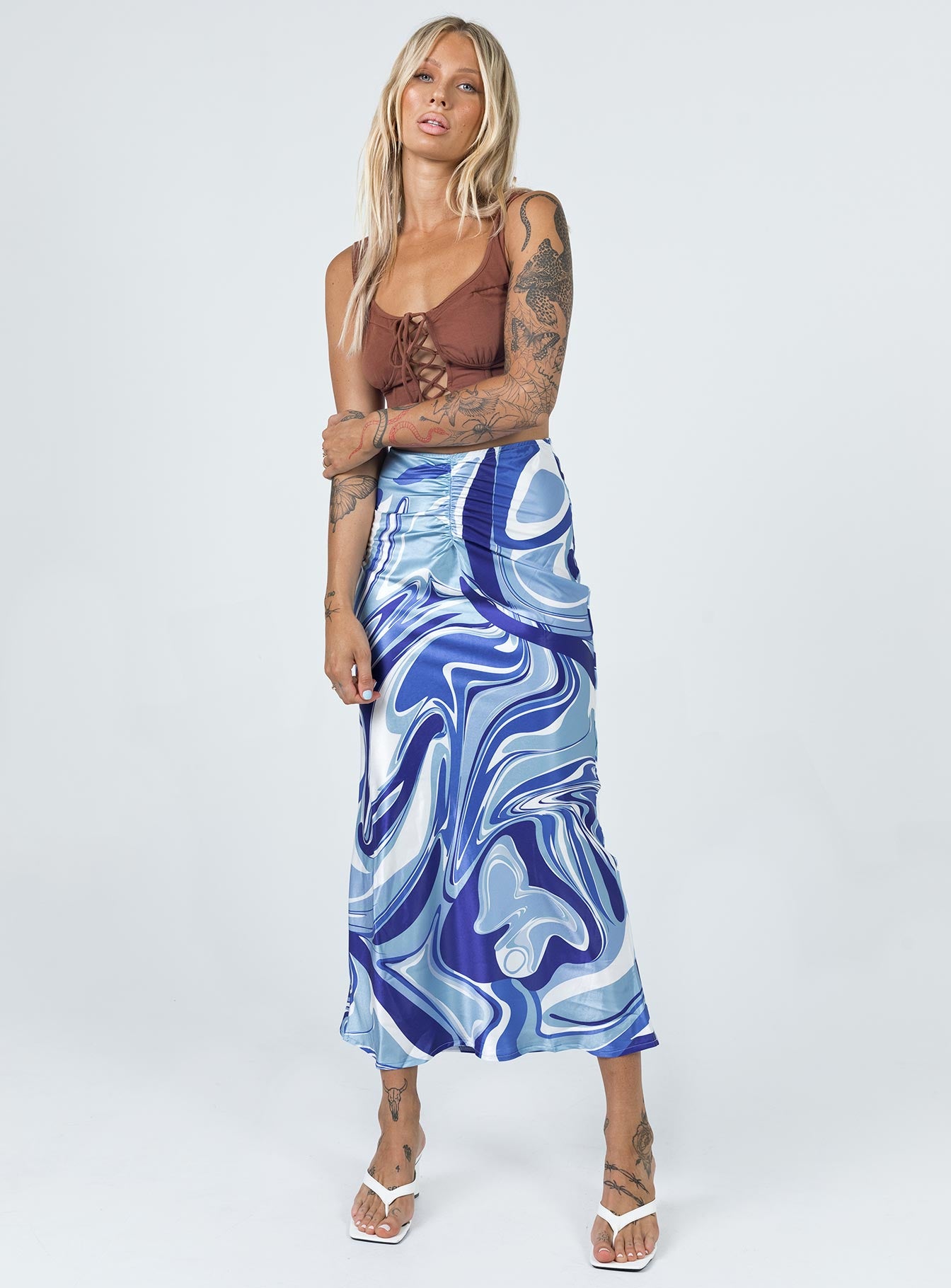   front view of model wearing Princess Polly Medika Midi Skirt Blue 