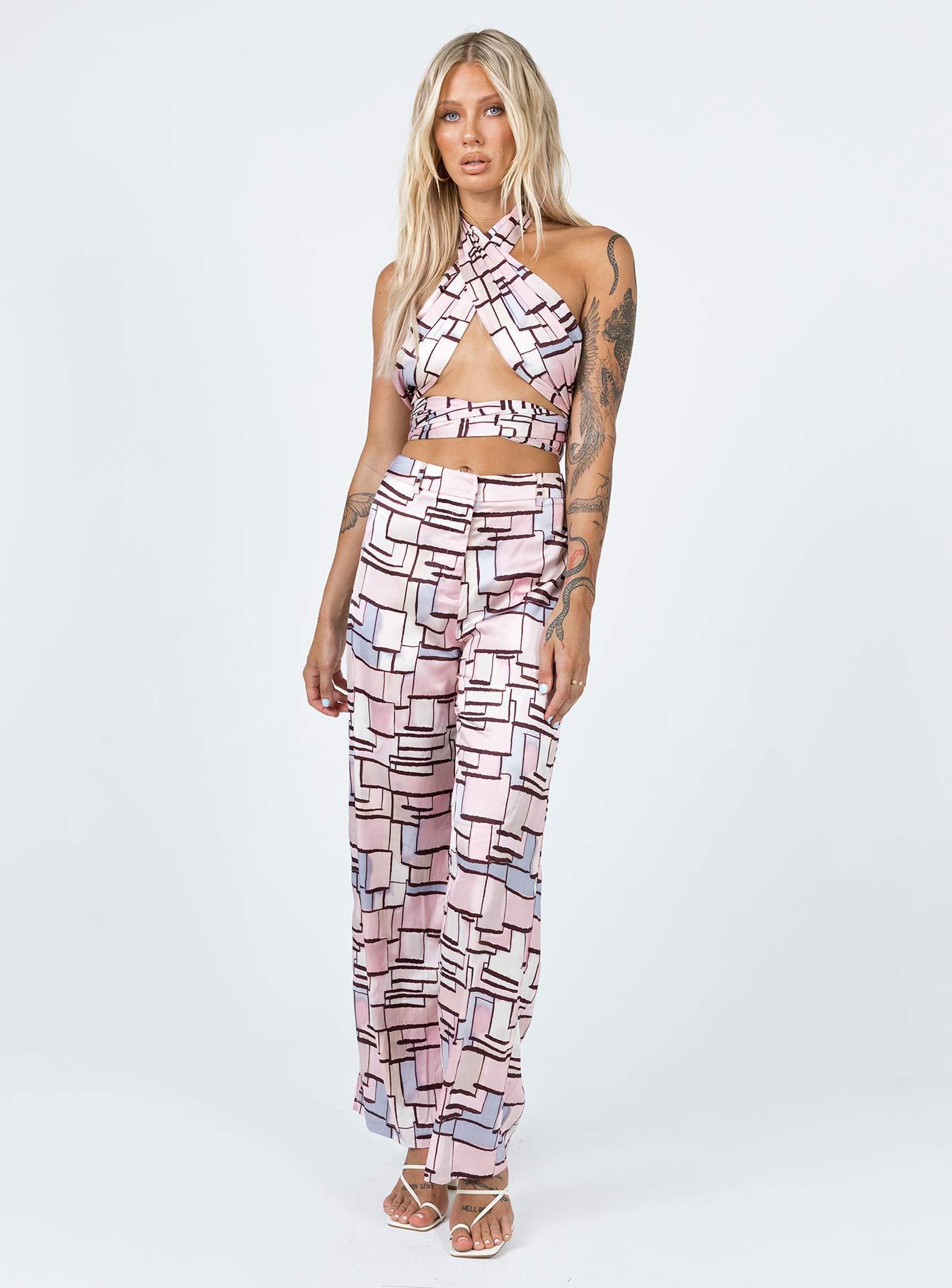 Front view of model wearing  front Princess Polly Sleeveless High Neck  Celia Top Multi