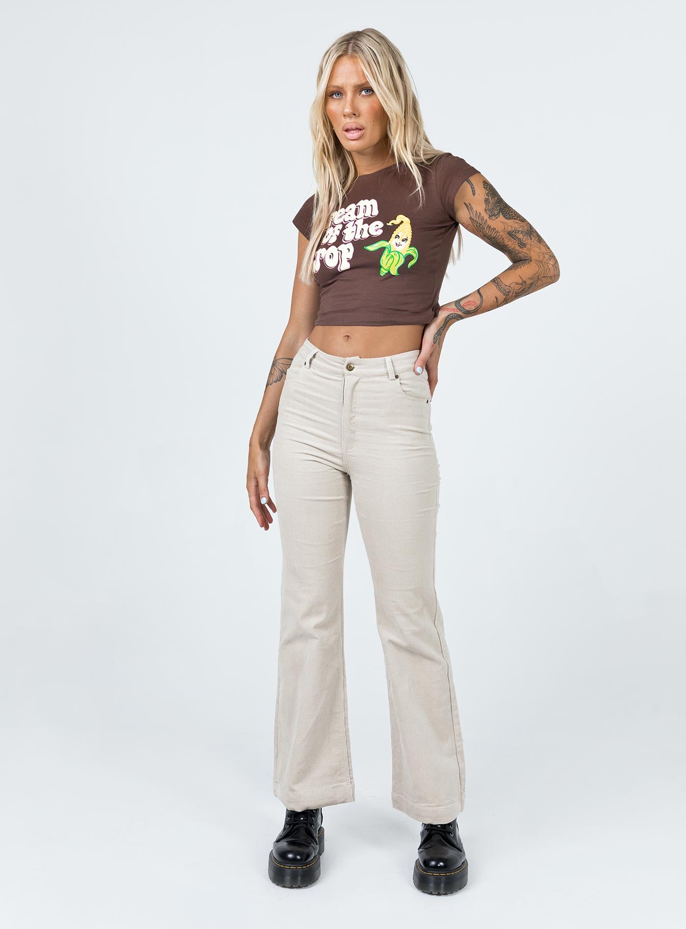 front view of model wearing Princess Polly Motel Tinsi Top Deep Mahogany Cream of the Crop 