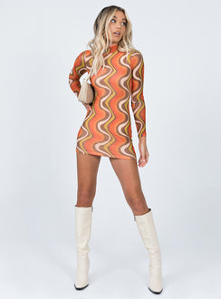 product Princess Polly Asymmetric Neckline  Orion Long Sleeve Mini Dress Orange Multi