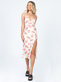 side view of model wearing Princess Polly Gigi Midi Dress Cream / Pink Floral 