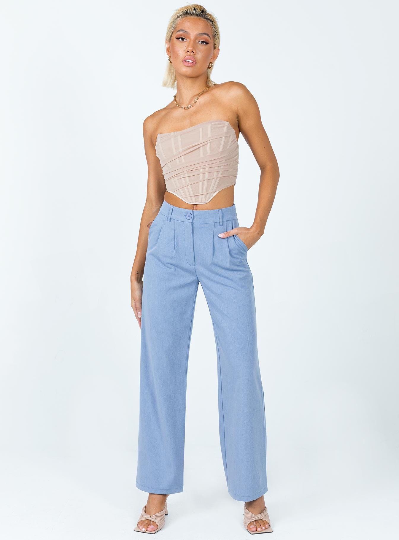 front view of model wearing Princess Polly Archer Pants Blue 