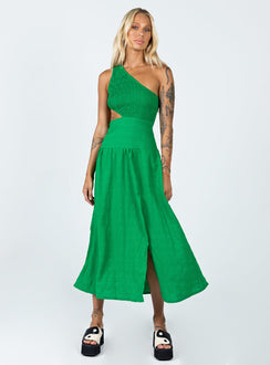 Front view of model wearing  front Princess Polly Crew Neck  Davina Midi Dress Green
