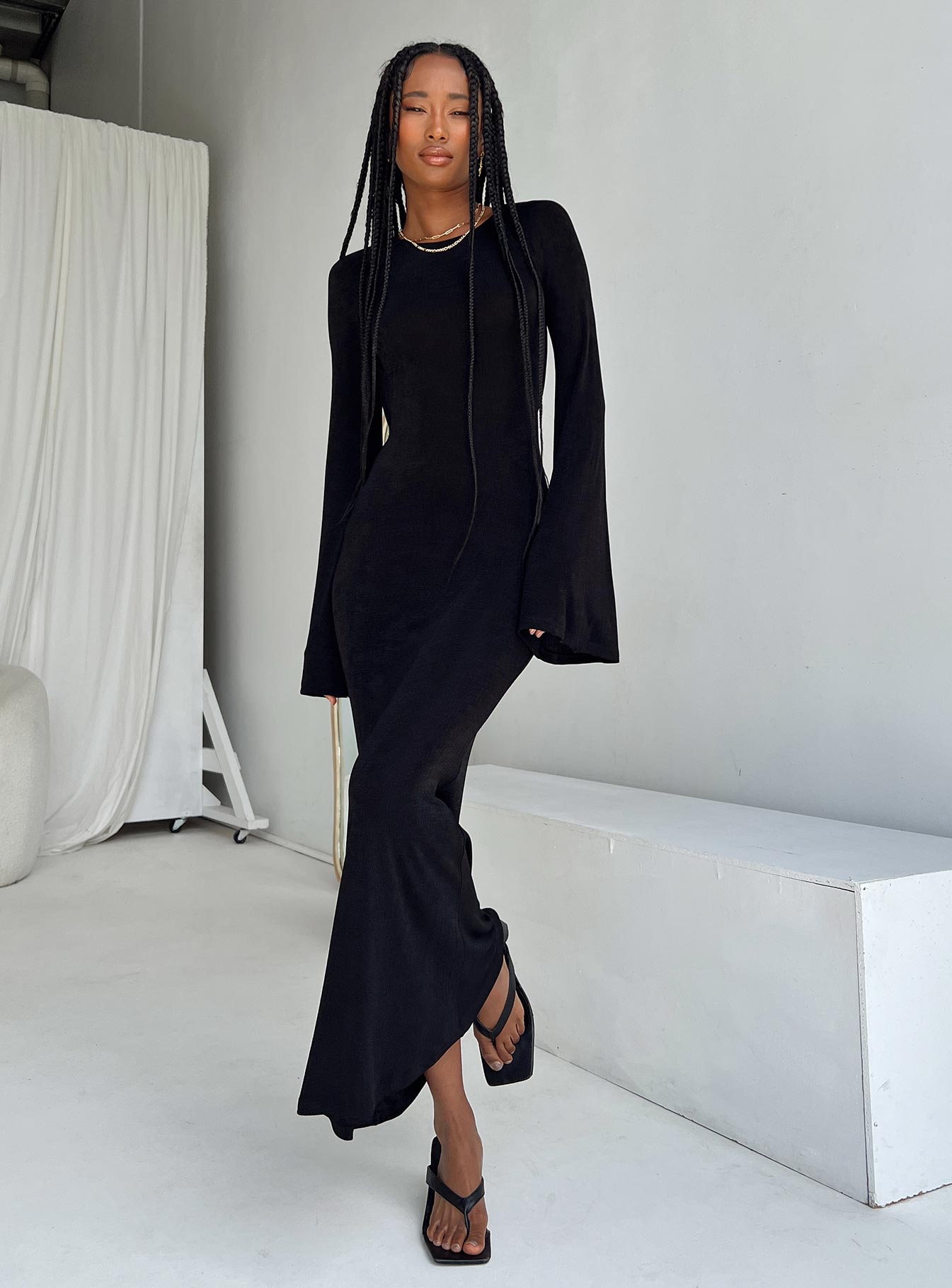 Front view of model wearing  front Princess Polly High Neck  Amersham Long Sleeve Maxi Dress Black