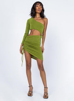 front view of model wearing Princess Polly Imelda Long Sleeve Mini Dress Green 