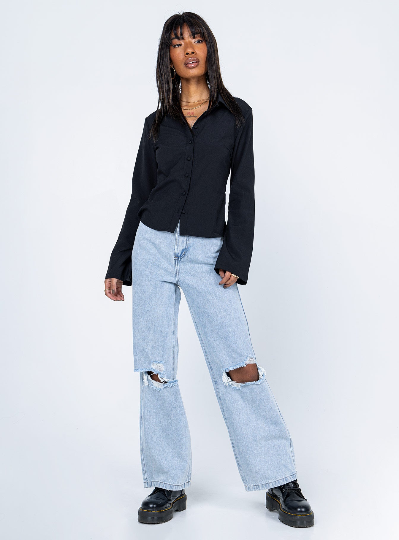 side view of model wearing Princess Polly Anni Shirt Black 