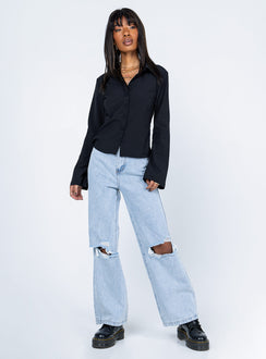 side view of model wearing Princess Polly Anni Shirt Black 