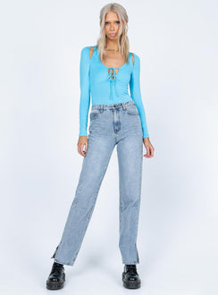 front view of model wearing Princess Polly Valentina Bodysuit Blue Full Sleeves Scoop Neck 