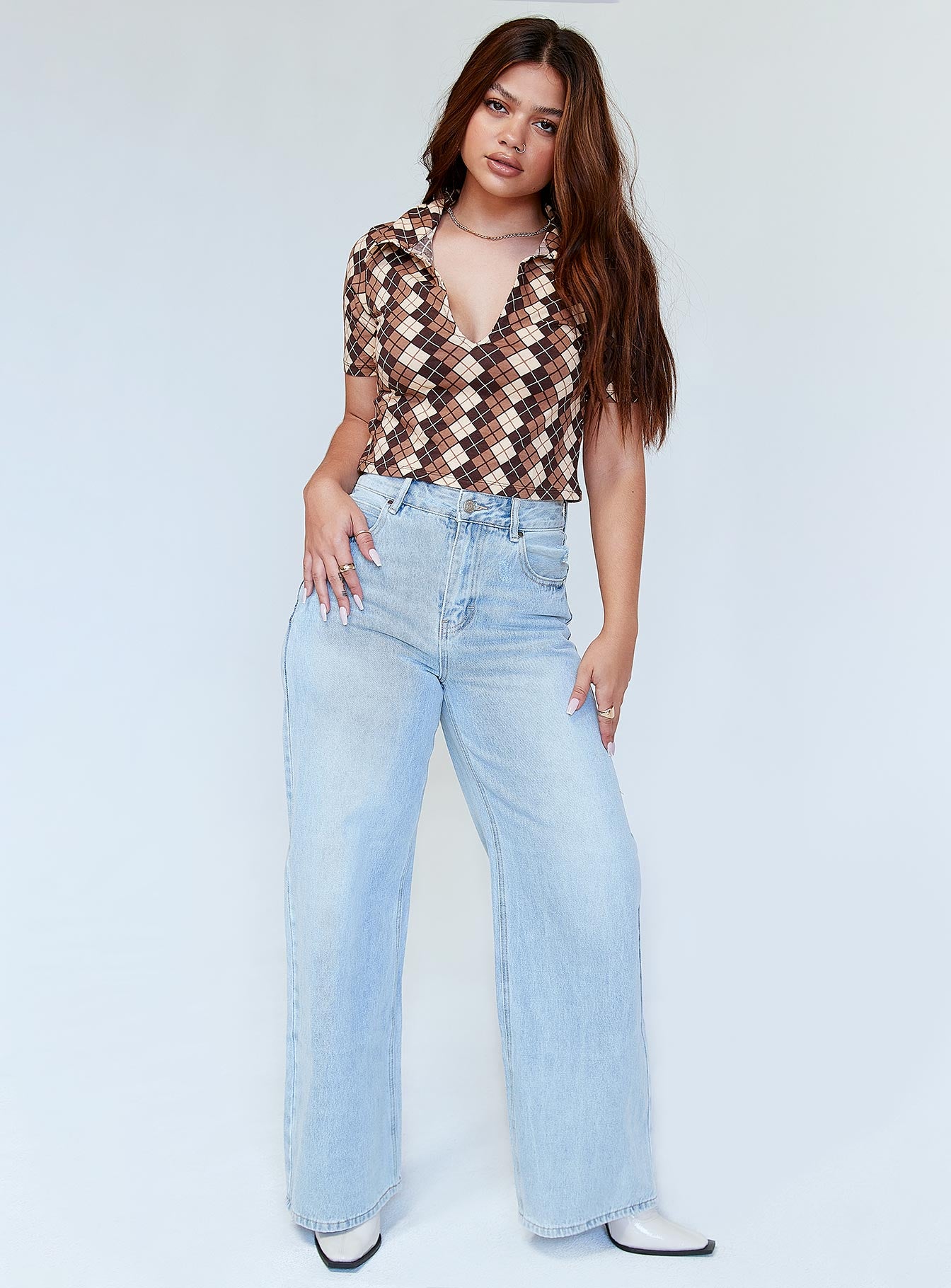 front view of model wearing Princess Polly Motel Rezel Shirt Argyle Brown 