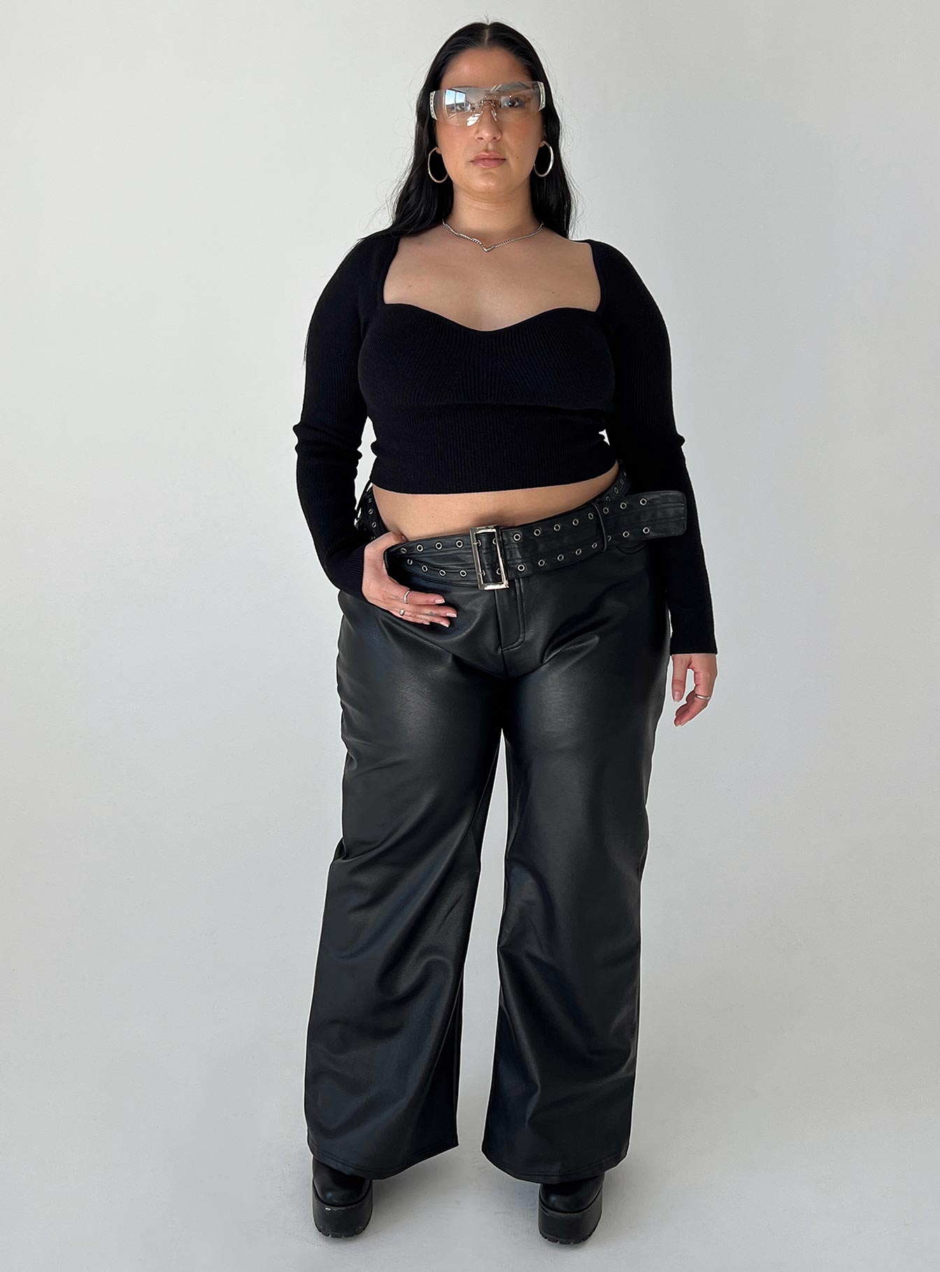 product Princess Polly High Waisted Pants  Torridon Eyelet Belt Faux Leather Pants Black Curve