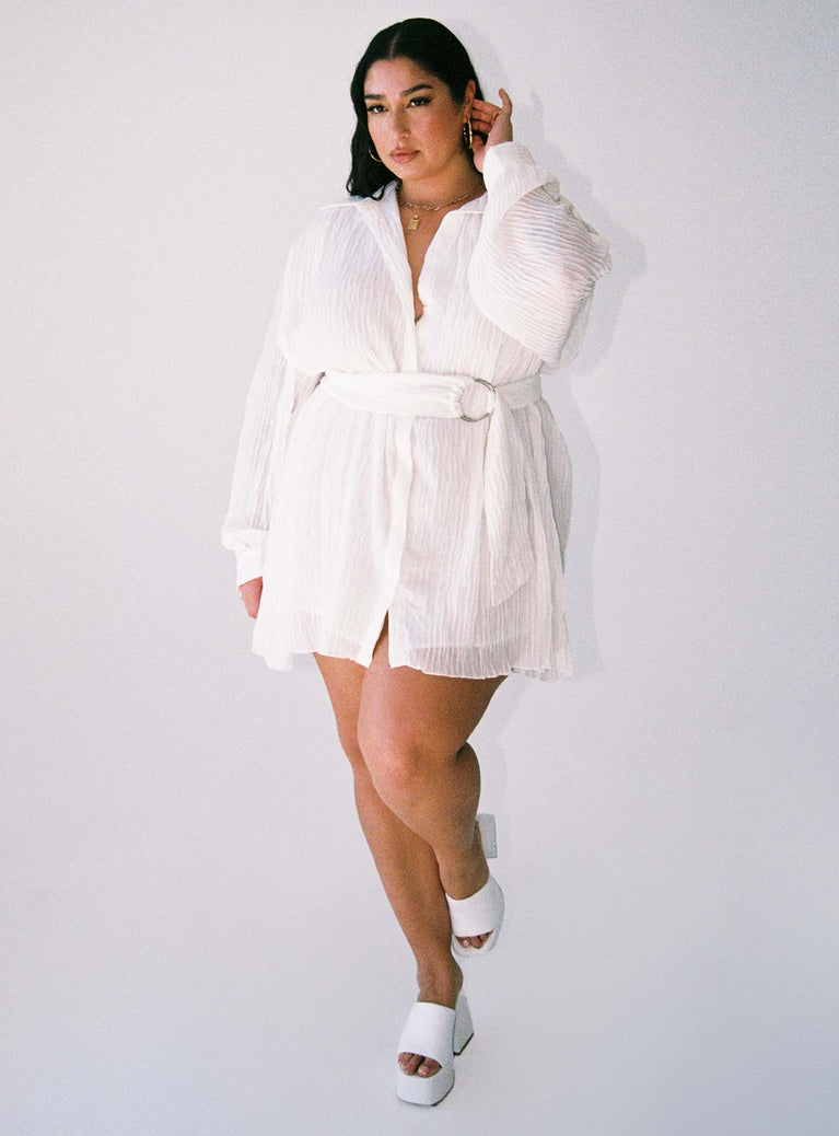 Front view of model wearing  front Princess Polly High Neck  Tune In Shirt Dress White Curve