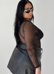 side view of model wearing Princess Polly Leonie Bodysuit Black Curve Full Sleeves Plunger 