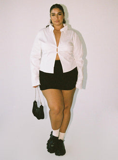 Front view of model wearing  front Princess Polly Full Sleeves Square Neck  Belshaw Lace Up Back Shirt Ivory Curve