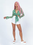 front view of model wearing Princess Polly Rosabella Long Sleeve Top Green Full Sleeves Plunger 