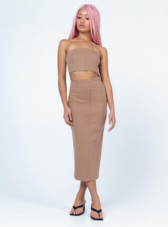 front view of model wearing Princess Polly Archy Midi Dress Beige Square Neck 