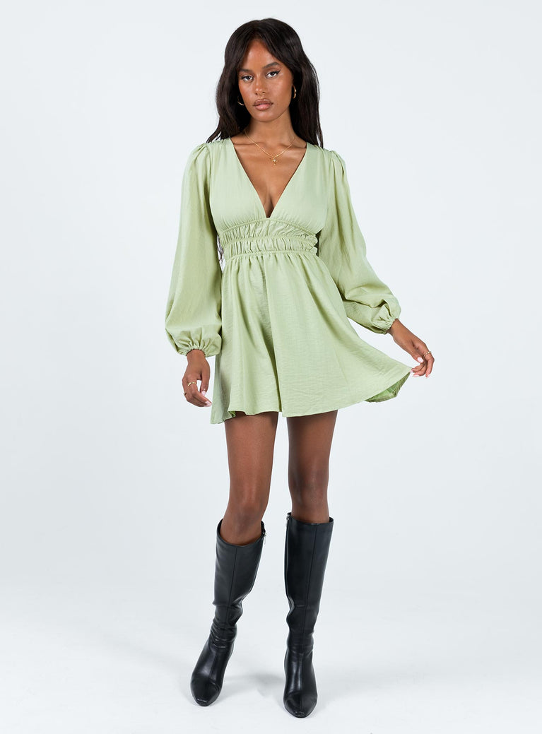 Front view of model wearing  front Princess Polly V-Neck  Marsia Long Sleeve Mini Dress Sage