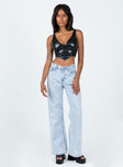 Crop top Faux leather material Adjustable shoulder straps Plunging neckline Invisible zip fastening at side Pointed hem