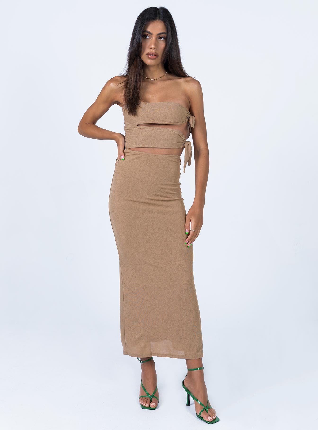 front view of model wearing Princess Polly Catherine Maxi Dress Brown 