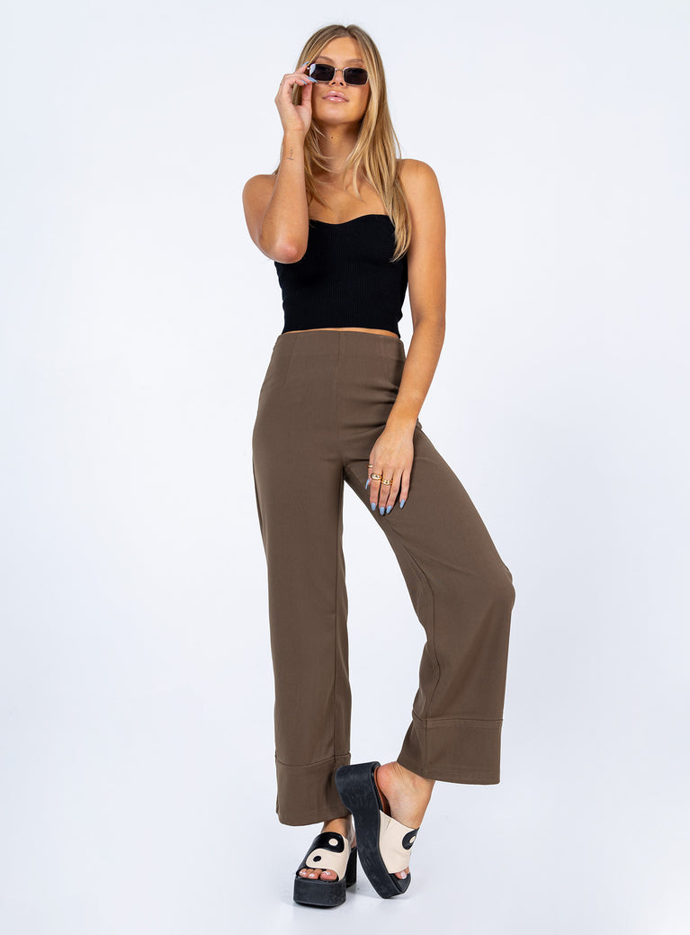 front view of model wearing Princess Polly Euros Pants Brown 