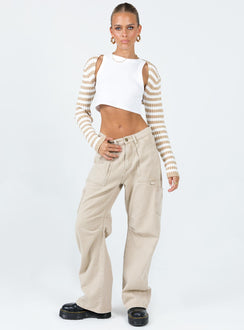 front view of model wearing Princess Polly Aytan Bolero Sweater Beige/White Cropped 