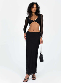 Matching set Kristen is wearing a size US 2 / AU 6 Mesh material Long sleeve crop top V-neckline Clasp fastening at front Maxi skirt Elasticated waistband  Good stretch Lined body