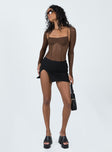 side view of model wearing Princess Polly Buena Bolero Bodysuit Chocolate Full Sleeves Square Neck 