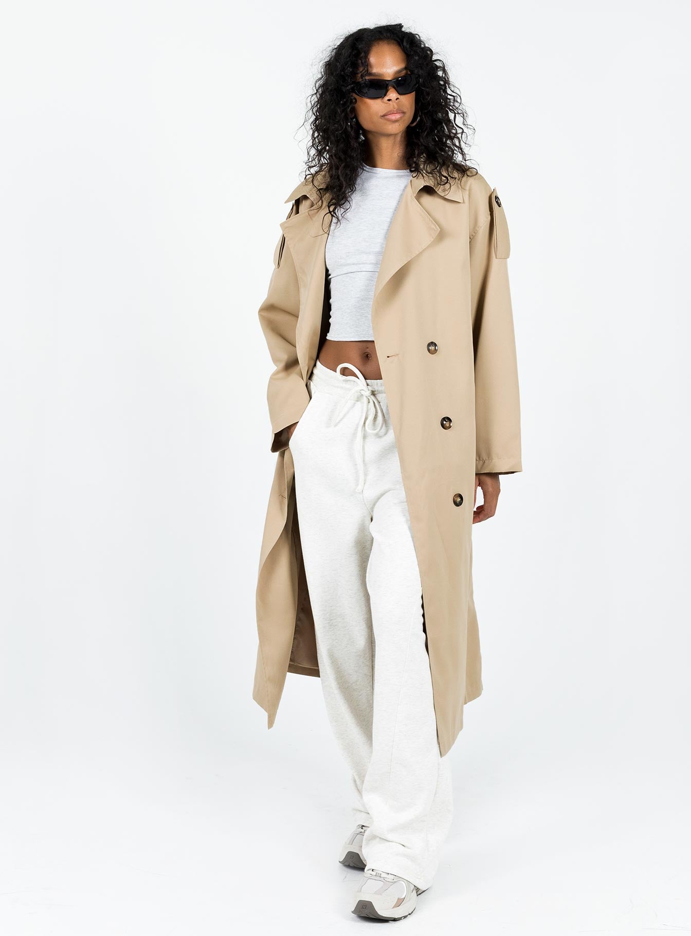 Trench coat Lapel collar Double-breasted  Twin hip pockets Non-stretch