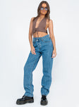 front view of model wearing Princess Polly Holly Asymmetric Straight Leg Jean Mid Wash Denim Mid Rise 