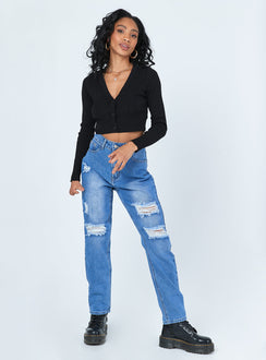 front view of model wearing Princess Polly Lisbon Ripped Denim Jeans Mid Rise 